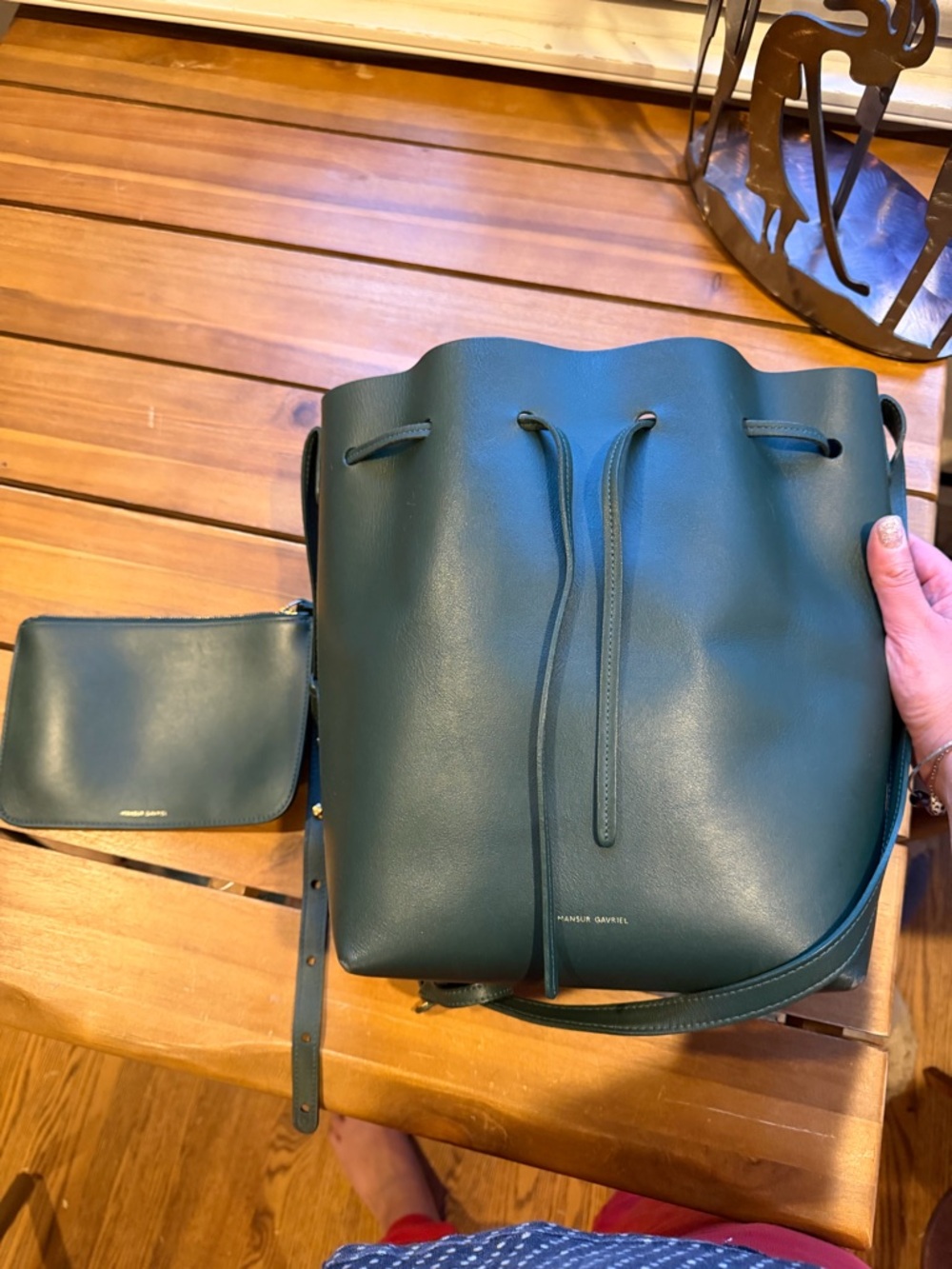 Mansur Gavriel Deep Forest Green Leather Drawstring Bucket Bag with Pouch